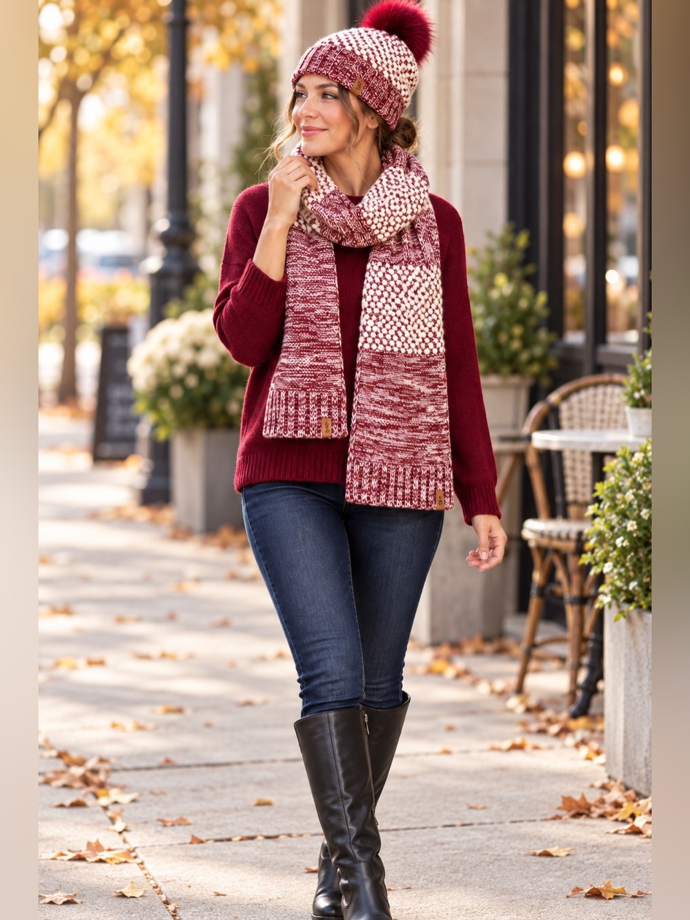 Free Country Knit Twist Wine Beanie Pom Hat Scarf Set One Size